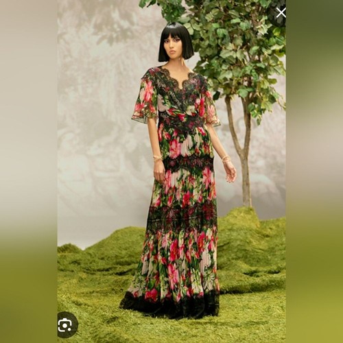 Tadashi Shoji Pleated Floral-Print Lace-Trim Gown Gala Wedding 14