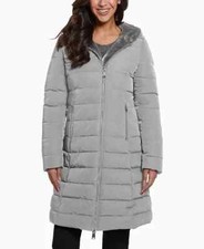 GUESS Women's Faux-Fur-Lined Hooded Puffer Coat Size L Seaside Mist Multi New