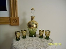 Wine Decanter & 4 Glasses Czechoslovakia Bohemian Venetian Green Enameled Floral