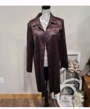vintage Brown satin Blazer Coat Evening women Sz SM w/embroidery Collar Career