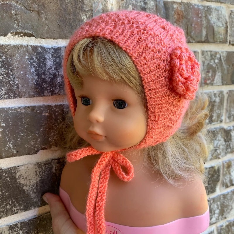 Baby Girl Knit Handmade Hat Bonnet Orange Size 3-4 Months