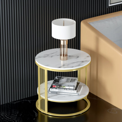 2 Tiers Solid Marble Top Round Coffee Table Lounge Living Room Modern Gold Legs - Picture 2 of 12