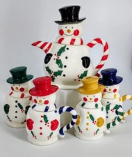 Holiday Snowman Tea or Hot Cocoa Pot Set with 4 Snowman Mugs By Temp-tations