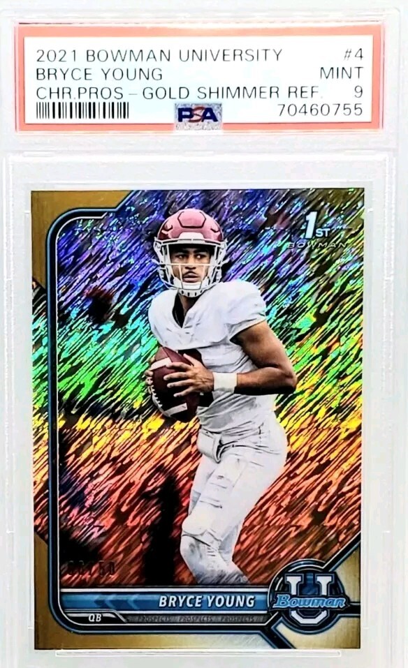 BRYCE YOUNG #/50 2021 2022 1st BOWMAN University GOLD REFRACTOR RC PSA 9 ROOKIE 