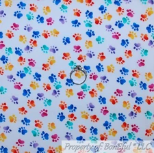 BonEful FABRIC FQ Cotton Quilt White Rainbow Animal Dog Cat PAW Print Small Baby