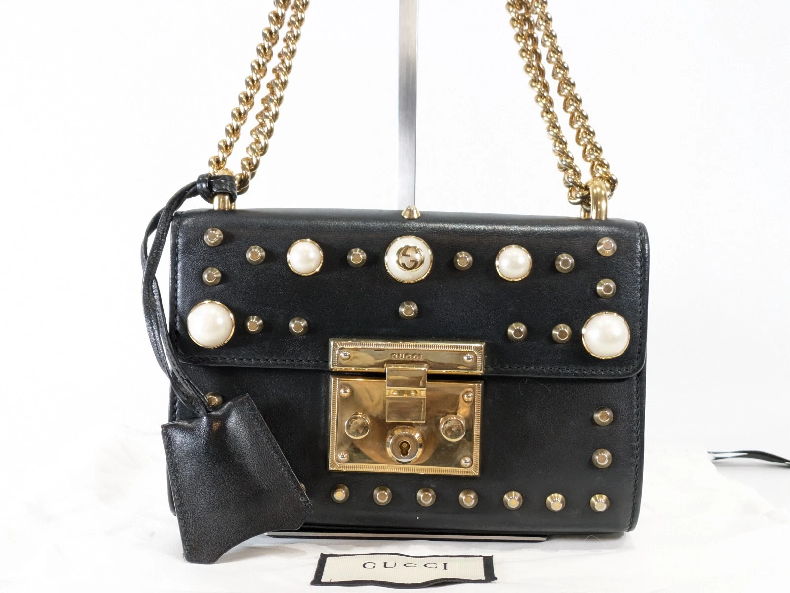 Gucci Chaîne Sac Bandoulière Perle Femme Serrure Cuir Noir Authentique