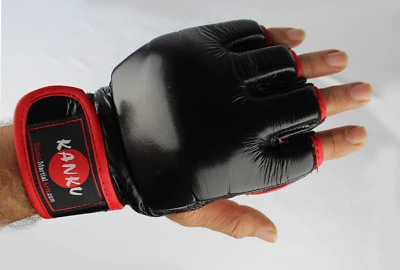 KANKU BLACK LEATHER GRAPPLING MMA GLOVES-BAG TRAINING SPARRING