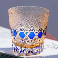 12oz Edo Kiriko Handcrafted Fluorite Whisky Glass Amber Blue Color With Gift Box