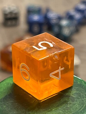 Vintage Armory d6 tangerine orange gem w/ white rpg ad&d dice 120723@