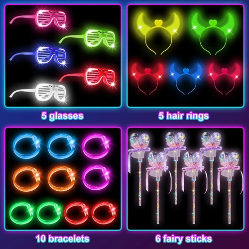 26PCS Glow in the Dark Party Supplies LED Light Up Toys Wand Glasses Bracelets - Picture 1 of 5