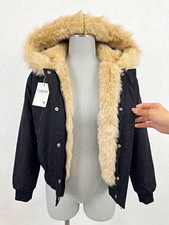 Women's Black Bomber Jacket Faux Fur Hood Zip/Snap Long Sleeve Size S FASHION