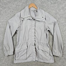 Chicos Women's Gray Full Zip Utility Jacket Drawstring Waist Size 1 M SPOTS
