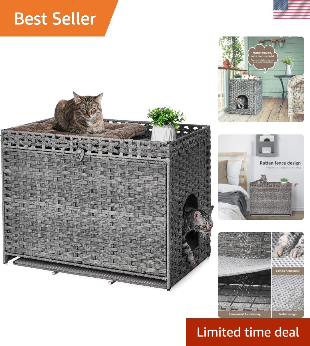 Enclosure With Soft Mat - Handwoven Rattan Grey
