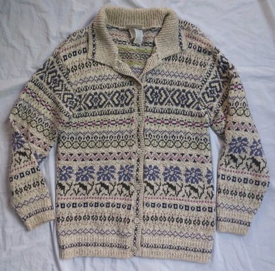 90s Cottagecore Soft Girl Wool Cotton Blend Sweater Cardigan Fair Isle Women s M