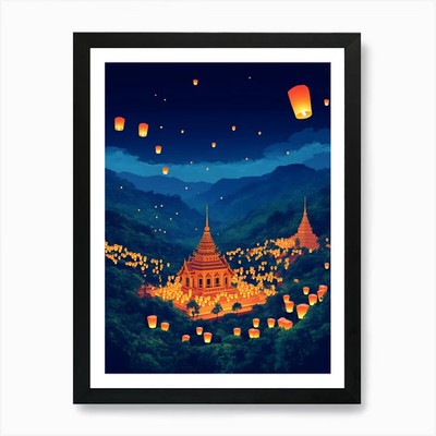 Laternen am Himmel 1 Kunstdruck Fra gerahmt Wandbild Poster Leinwanddruck Bild
