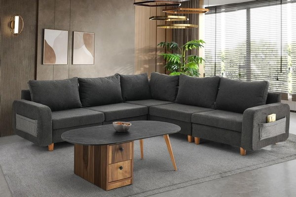 Couch Ecksofa L-Form Grau Stoffsofa Polstersofa Design GroßEs Sofa-image