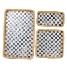 3 Pcs Rectangle Rattan Tray with Mother of Pearl Inlay, Handwoven Checkerboard