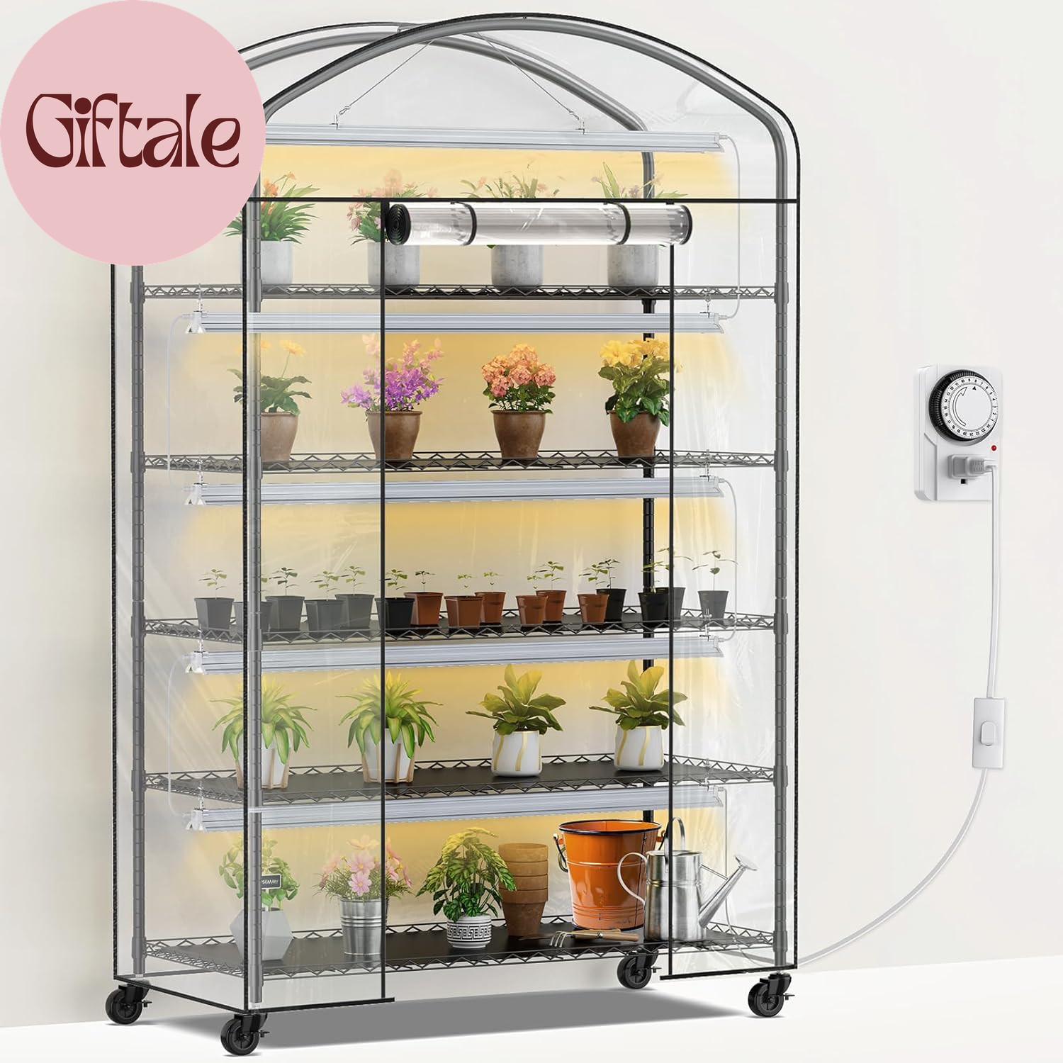 5-Tier Greenhouse with Grow Light, Shelf Height Adjustable Metal Plant Shelf wit