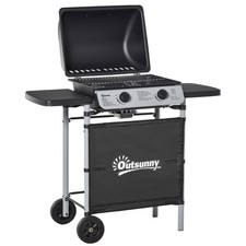 2 Burner Gas BBQ Trolley Grill with Lid, LPG, Wheels, Regulator & Hose 50x36cm