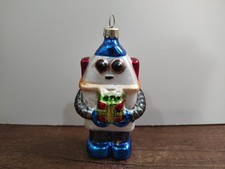 Vtg Mercury Glass Robot Christmas Ornament White Blue Red Silver A12