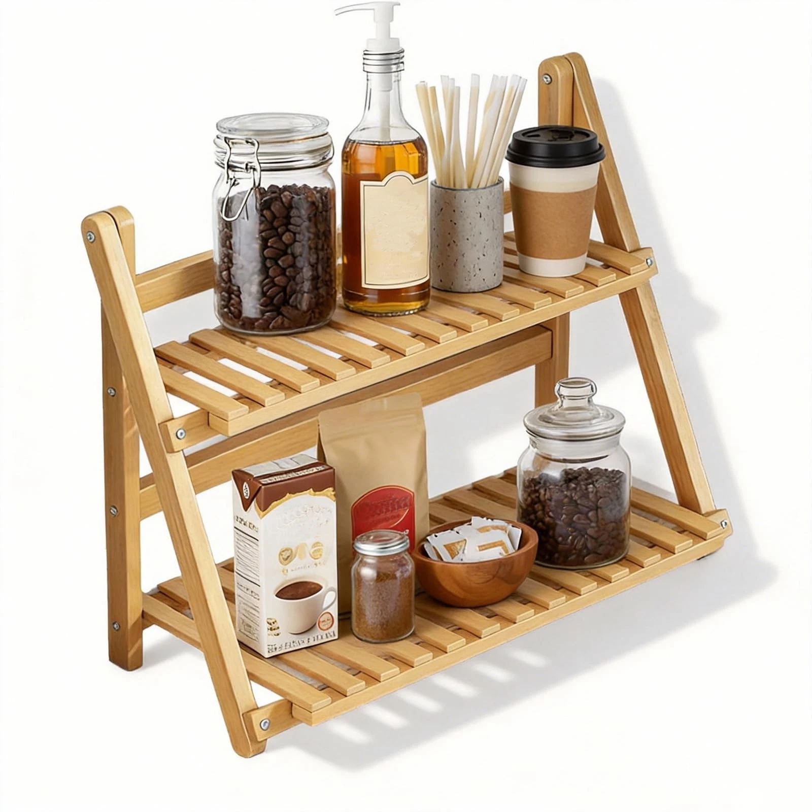 Wooden Matcha Station Shelf, 2 Tier Natural Finish Countertop Organizer, 15.7...