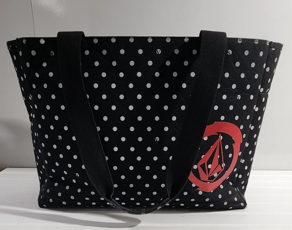 Bolso de Mano Volcom Grande Negro Lona Blanco Lunares Dramamine Llevar en Rojo Forrado Foto 2 de 4