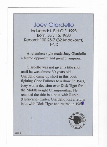 Joey Giardello HANDSIGNIERTE HANDSIGNIERTE LEGENDS OF BOXING HALL OF FAME FOTOKARTE - Bild 2 von 2