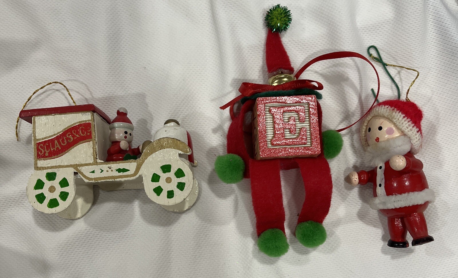 Vintage Wooden Christmas Tree Ornaments Lot Of 3 Santa Car Elf Handmade 🔥