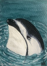 Dipinto acrilico ACEO originale, ATC, delfino sorridente di WAV, firmato, COA