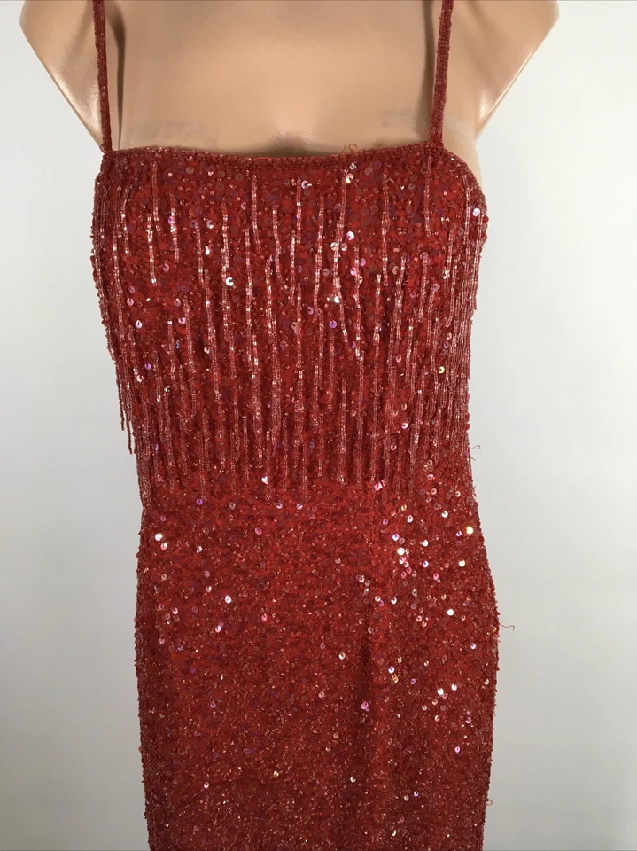 Vintage Scala Red Fringe Beaded Sequin Prom Formal Evening Party Dress Gown S/M - Image 4 of 4
