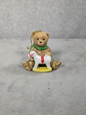 Vintage Ceramic Bear Holding Rocking Horse  Toy 3.5" Christmas Ornament 