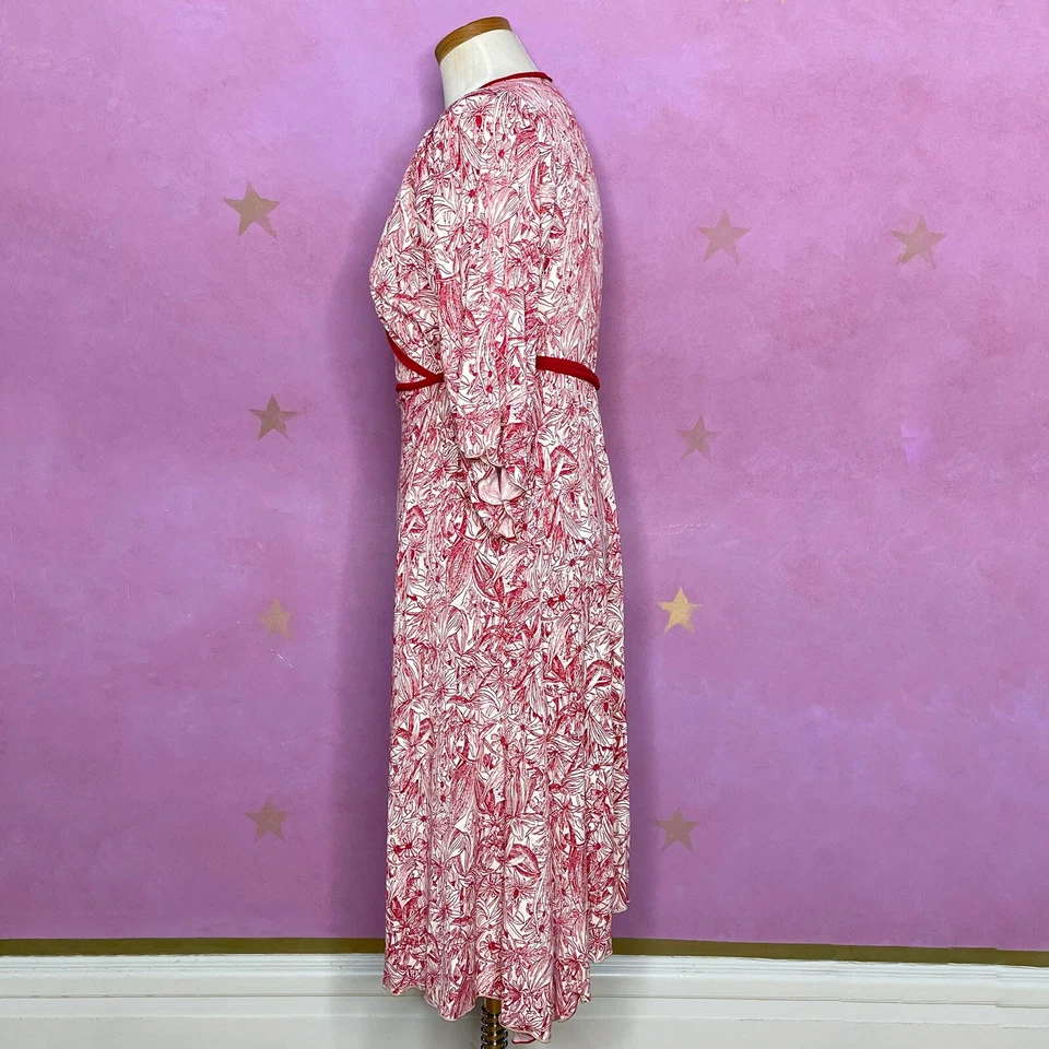 Studio M 全新带标签全新勃艮第和米色佩斯利裹身长裙飘动袖 XS 码 — 第 3/4 张图片