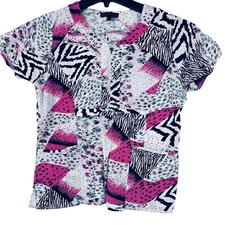 Flex Scrub Top Womans Size XS Fitted Animal Print White Black and Pink