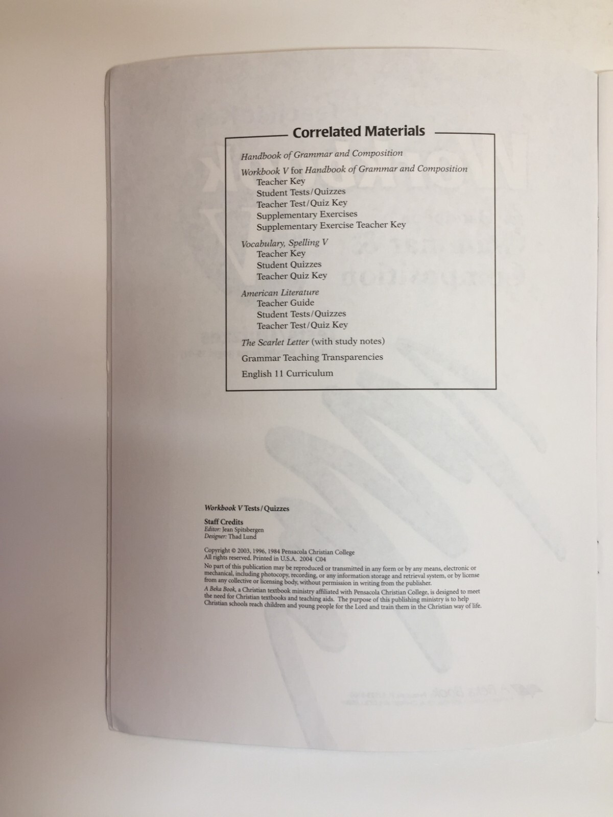 A Beka Book Workbook V for Handbook of Grammar & Composition Test/Quiz Key