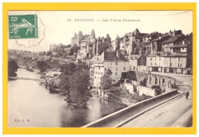 UZERCHE (19) Belebte Brücke, HANDEL & SCHLOSS 1910 / Eisenbahnstempel