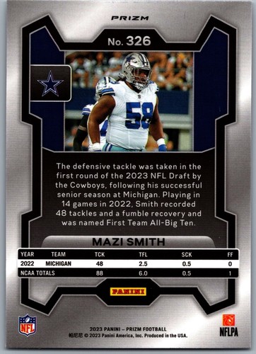 Panini Prizm Rookie Silver Prizm 2023 - Mazi Smith RC #326 Dallas Cowboys - Imagen 2 de 2