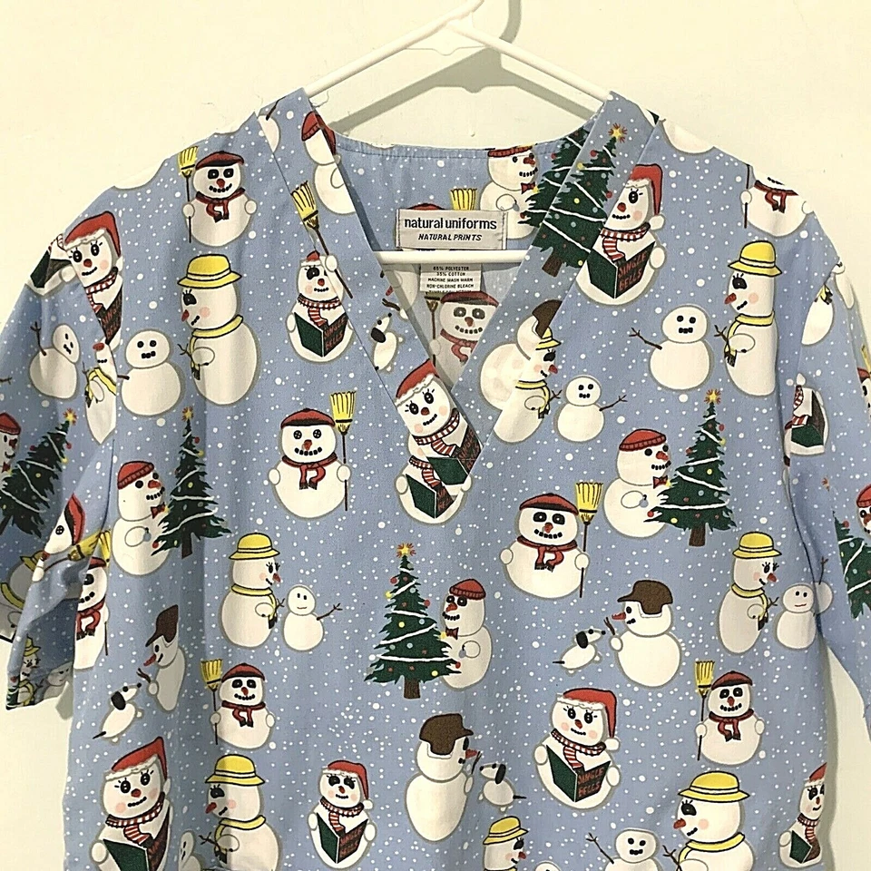 SCRUB UNIFORM TOP SMALL Colorful SNOWMAN Pattern NATURAL UNIFORMS Brand - Image 2 of 4