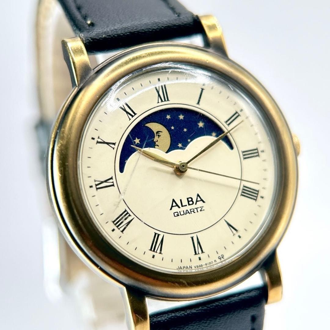Working SEIKO ALBA Quartz Stylish Moon Phase Men's Watch from