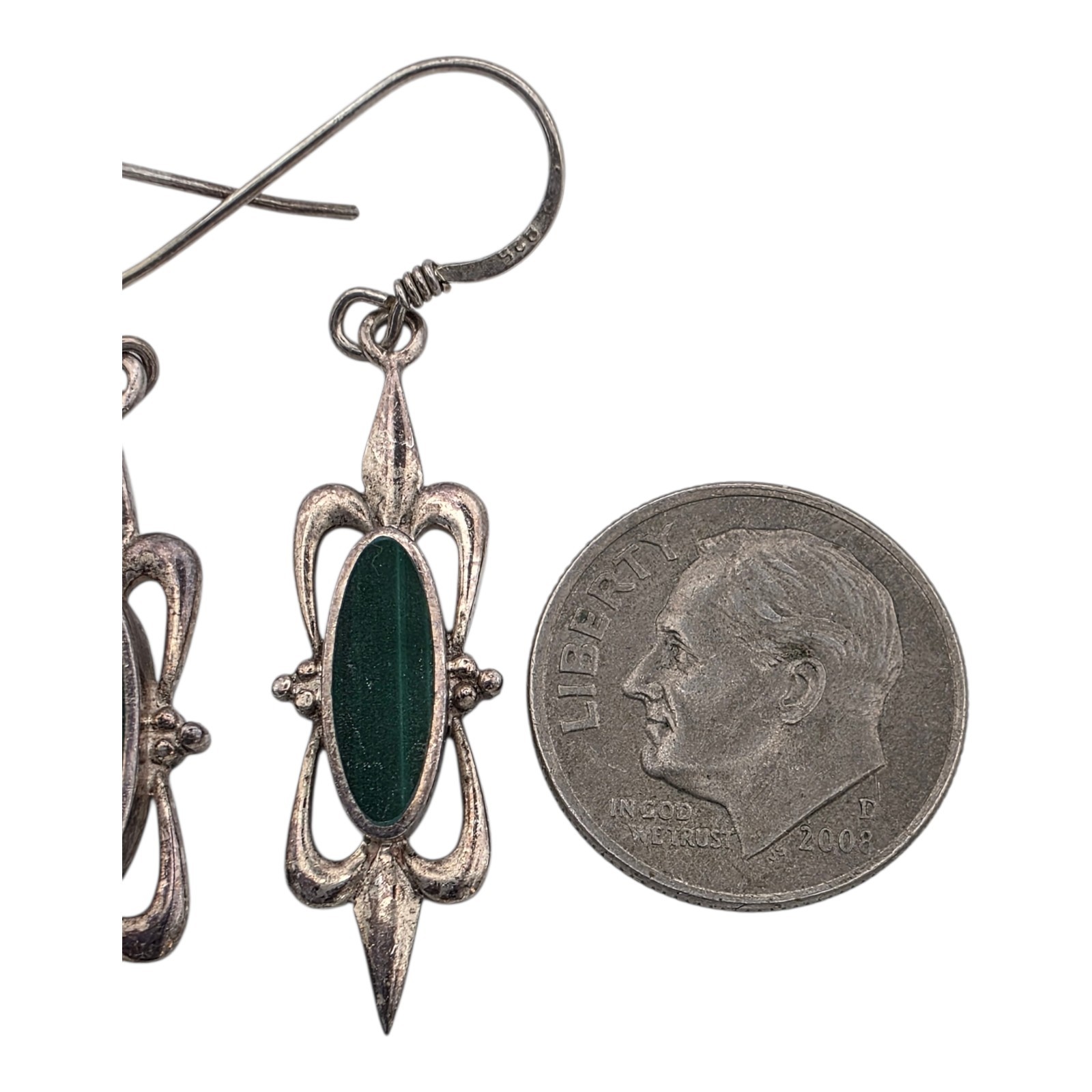 Solid 925 Sterling Silver Malachite Dangle Drop E… - image 3