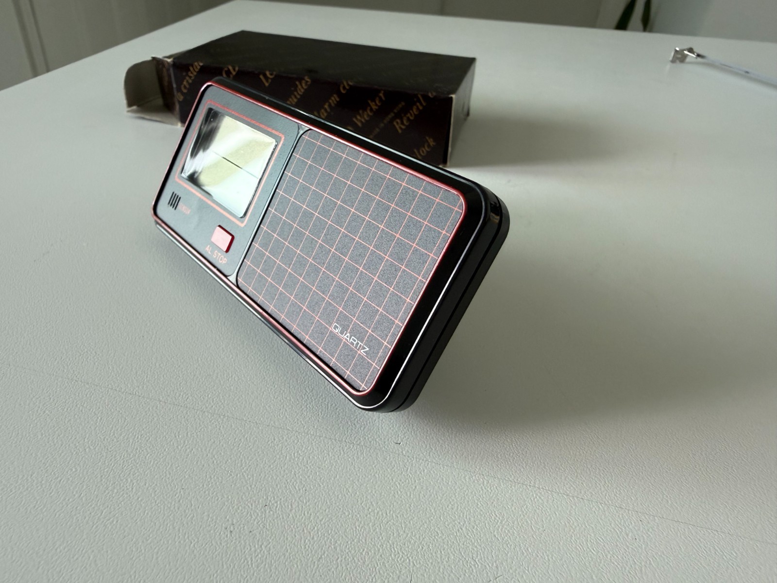 Vintage LCD Quartz Alarm Clock Black Red Grid Sensor Snooze Hong Kong w/ Box