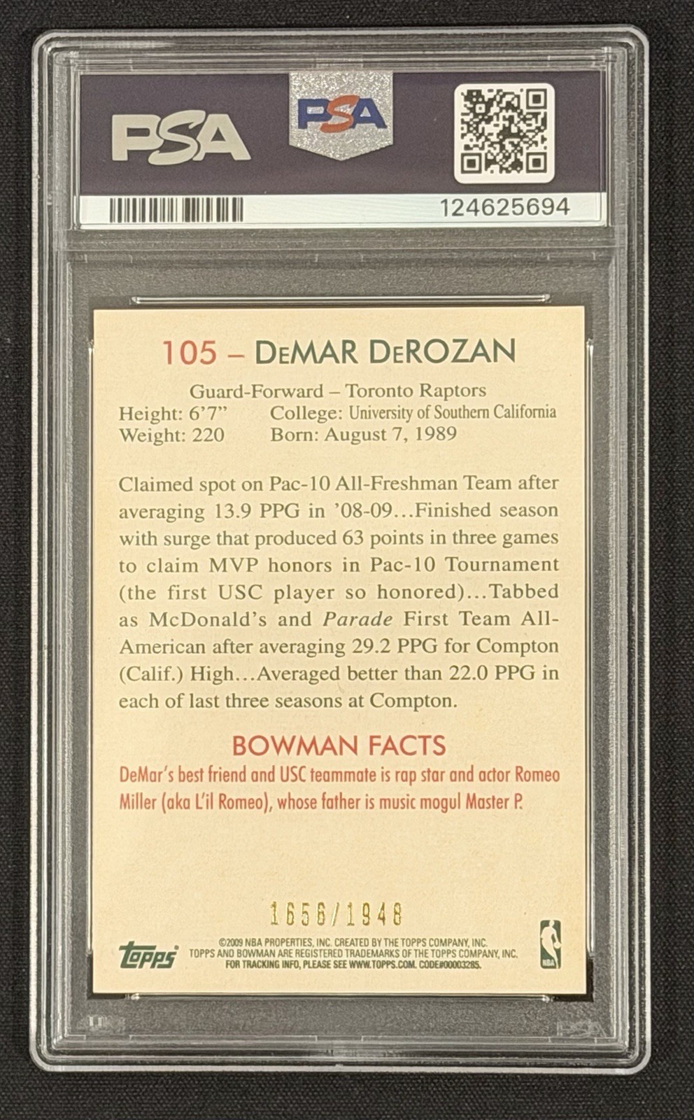 2009-10 Bowman '48 DeMar DeRozan #105 Blue /1948 PSA/DNA AUTO 10 DENVER NUGGETS view 2