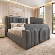 TV Bed Frame Winged Plush Velvet Upholstered Storage 4FT6 Double 5FT King