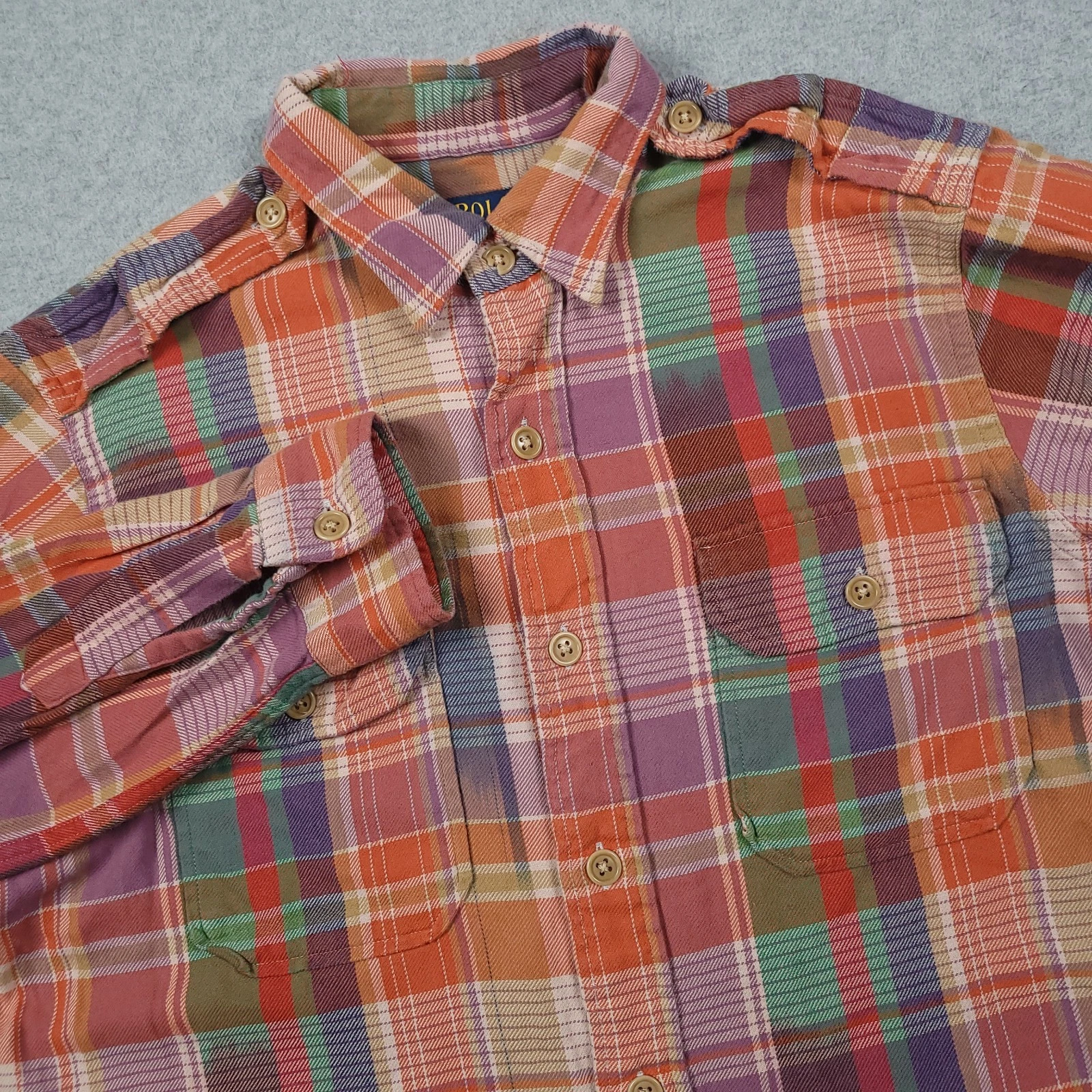 Polo Ralph Lauren Shirt Men Medium Plaid Cotton Flannel Utility Work Colorful