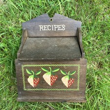 Vintage Wood Recipe Box Strawberry Motif Hang...