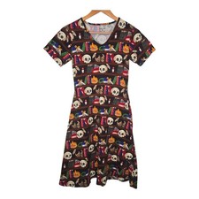 Svaha USA Womens Brown Witchy Bookshelf Print V Neck Short Sleeve Dress XS