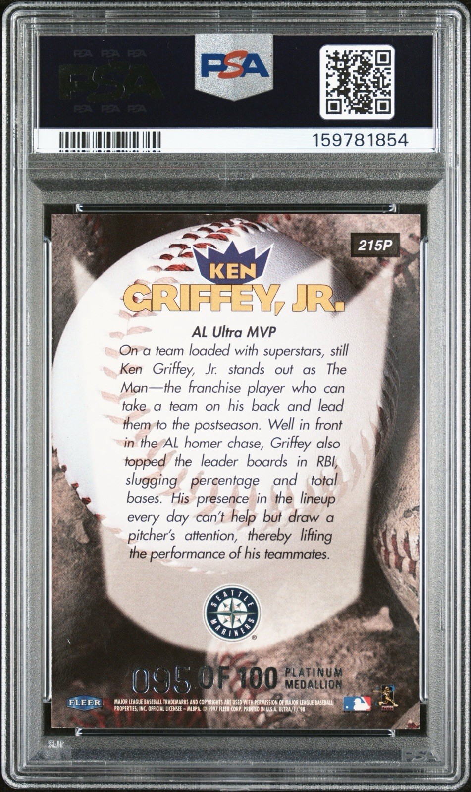 Ken Griffey Jr 1998 Ultra Platinum Medallion /100 PSA 5 #215P view 2