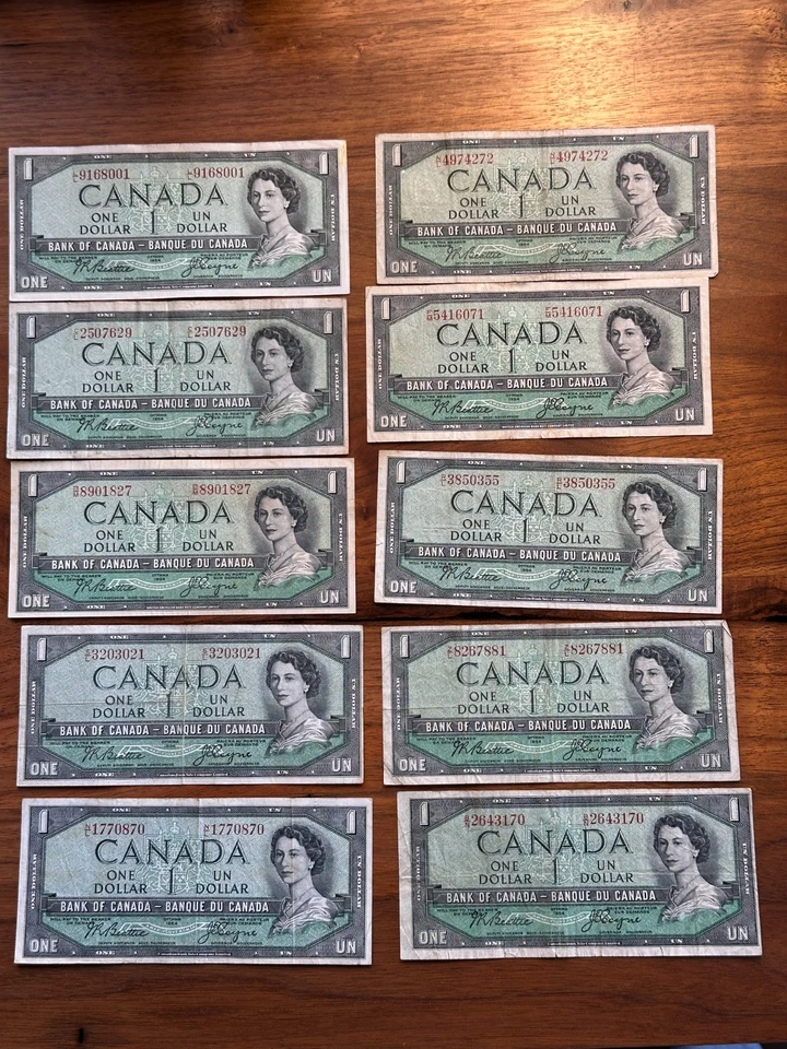 Canadá Lote de 10 Un (1) Dólar 1954 QEII Sig. Beattie and Coyne Foto 2 de 3