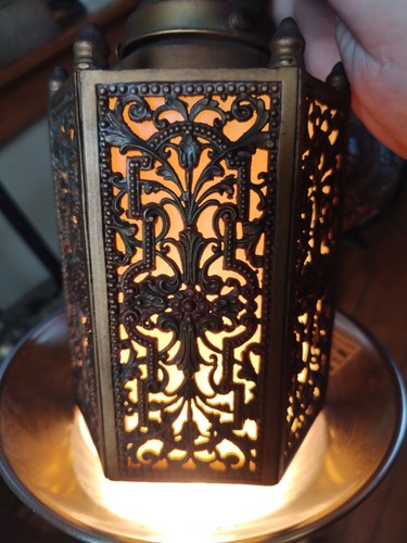 Antique Slag Glass Hexagon Brass Filigree Porch Pendant Chandelier Painted Wow! - Picture 14 of 14