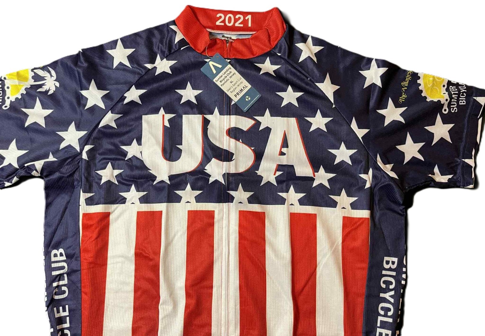 Primal Cycling Jersey Men's Large Full Zip Patriotic Summer Landing Bike Club. 