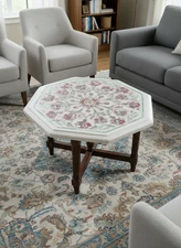 Rose Quartz Marble Inlay Coffee Table – Handmade Floral Stone Art Luxury Home